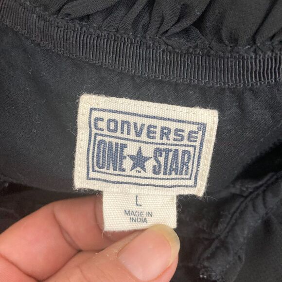 Converse One Star Top Size L Black Button Front Ruffle Sleeveless Cotton Blouse - Picture 15 of 16